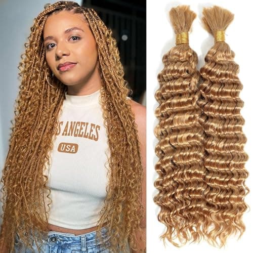Honey Blonde Human Braiding Hair for Boho Braids 2 Bundles 16 Inch 100g Deep Wave Braids Hair for Black Women Bohemian Knotless 100% Unprocessed Virgin Bulk Hair Extensions 27 color