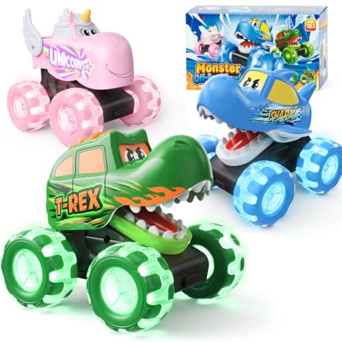 3 Pack Monster Truck Toys for Toddlers, Light Up Cars for Baby Boy Gifts