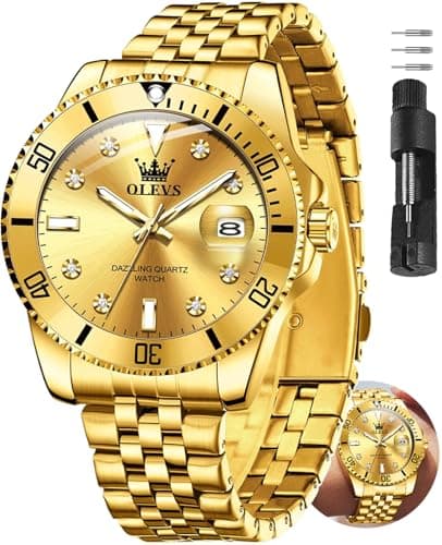 OLEVS Gold Watches for Men Luxury Business Gold Stainless Steel Men Watch with Calendar Classic 30M Waterproof Elegant Diamond Watch for Men Ideal for Daily Life Romantic Anniversary Present