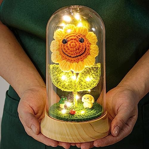 Levvohd Crochet Sunflower Gifts for Women, Artificial Sun Flower Birthday Gifts for Grandma, in Plastic Dome Sunflower, for Her Mom Mothers Day Christmas Day Gifts (B - 4.3 in X 7.5 in)