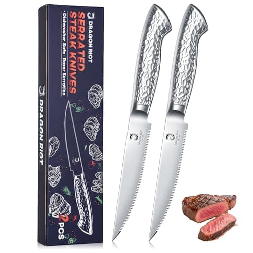 DRAGON RIOT Steak Knives Set of 2，Japanese Stainless Steel Steaks Knife With Serrated Edge Dinner Knife Diswasher Safe Steak Knives with Box