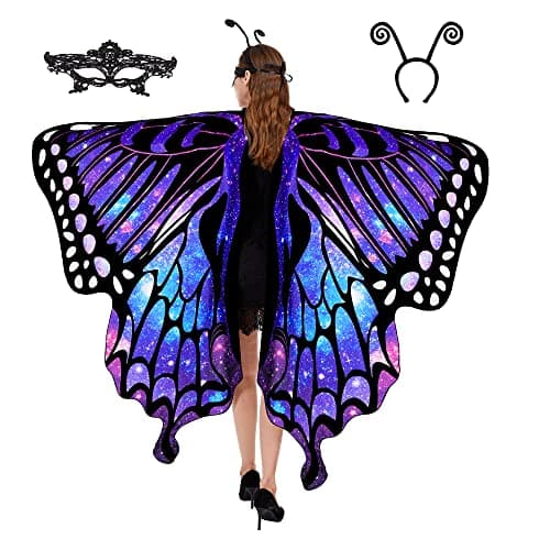 Tibeha Halloween Butterfly Costume for Women - Girls Kid Adult Wings Cape with Mask and Antenna Headband
