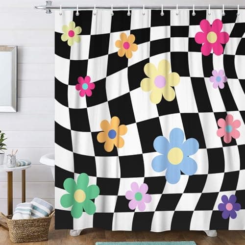 Black and White Groovy 70S Shower Curtain, Cute eclectic Retro Floral Checkered Aesthetic Shower curtain, Fun Funky Modern Hippie Boho Floral Fabric Y2K trendy Shower Curtain with Hooks, 60X70IN