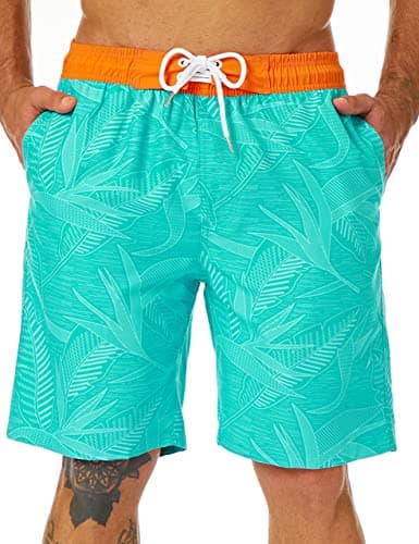 KAILUA SURF Mens Swim Trunks - Long, Quick Dry Boardshorts, 9 Inch Inseam Mens Bathing Suits with Mesh Lining - Blue Leaves