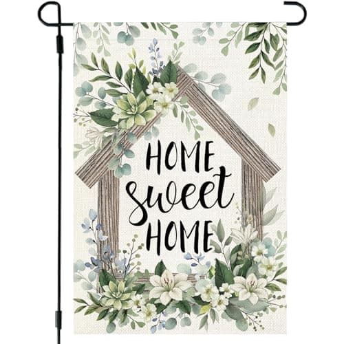 CROWNED BEAUTY Spring Home Sweet Home Garden Flag Eucalyptus Welcome 12x18 Inch Double Sided Small Floral Seasonal Holiday Decoration for Outdoor Lawn Yard
