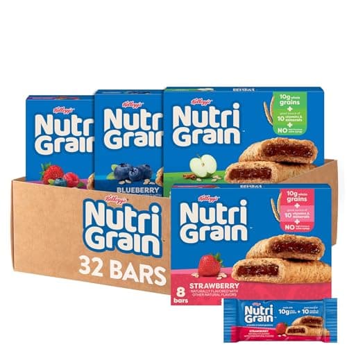 Nutri-Grain Breakfast Bars, Made with 10g Whole Grains, Kids Snacks, 4-Flavor Variety Pack (4 Boxes, 32 Bars)