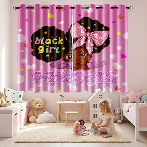 Jiospet African Girl Curtains 82''×63'' Black Girl Curtains Room Decor Blackout Window Drapes Pink Princess Drapes for Girls Bedroom 2 Panel Sets