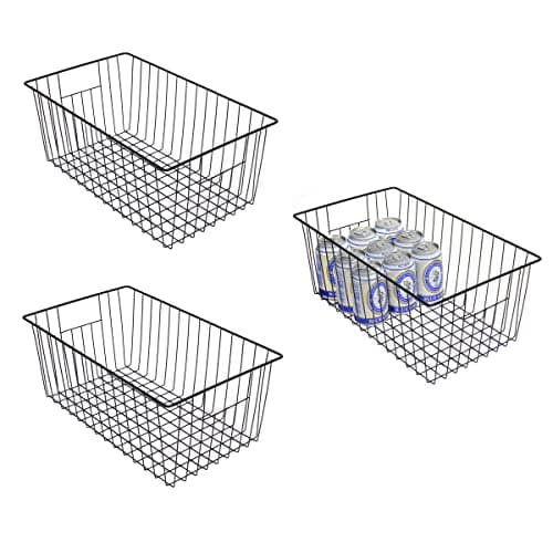 lonpute 16inch Freezer Storage Organizer Baskets, Refrigerator Metal Wire Basket Bins with Handles for Kitchen, Pantry, Cabinet, Closets(Black, 3Pack)