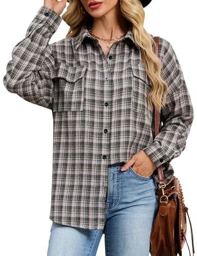 Blooming Jelly Women's Button Down Flannel Shirts Plaid Shacket Long Sleeve Collared Business Casual Tops Work Blouses (Medium, Green and Pink Plaid)