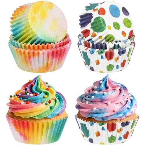 Glavatrix 100PCS Tie Dye Cupcake Liners Art Rainbow Paper Baking Cups Standard Muffin Liners Cupcake Wrappers for Tie Dye Theme Hippie Carnival Groovy Birthday Party Baby Shower Cake Decor