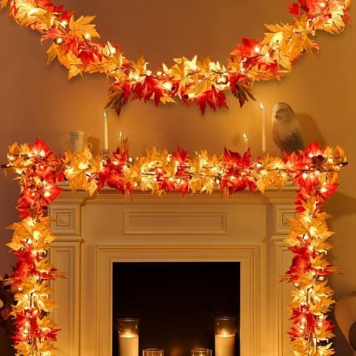 Fall Decorations for Home 9Ft Plug in Fall Garland with Lights Lush and Thicker Large Leaves, 50 Orange Bulbs Prelit Connectable UL Certified Fall Lights for Autumn Thanksgiving Halloween Decorations