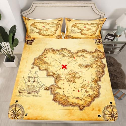 Feelyou Nautical Island Map Bed Sheet Set Kids Vintage Old Map Pirate Ship Bed Sheets Ocean Ancient Pirate Skull Fitted Sheet Decor Bedroom Collection 2Pcs Twin Size