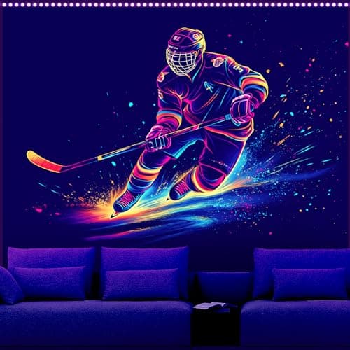 AOHMPT Ice Hockey Blacklight Tapestry,UV Reactive Sports Poster79L x 59W