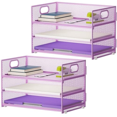 Marbrasse 3 Tier Paper Organizer Letter Tray, Mesh File Organizer with Handle, Paper Sorter Desk Organizer for Home Office Supplies - 2p Purple