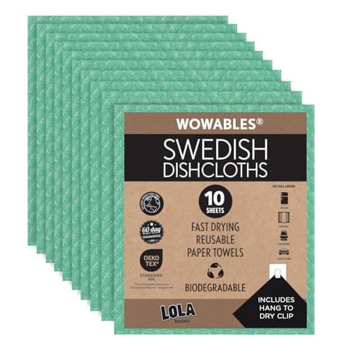LOLA Swedish Dishcloths for Kitchen 10 Sheets, Biodegradable & Compostable Reusable Paper Towel Cleaning Cloths Zero Waste No Odor Washing Dishes Ultra Absorbent Cellulose Sponge Towel Made in Germany