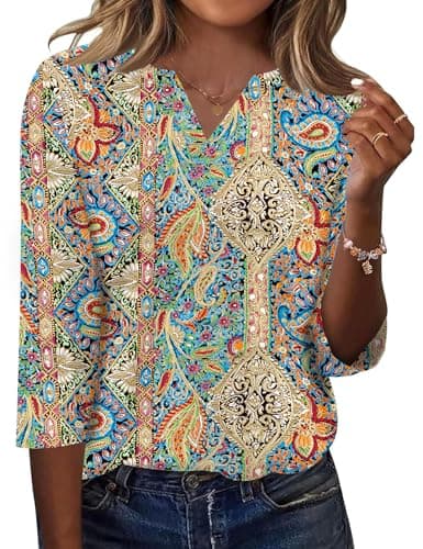 LOMON Boho Tops for Women V Neck 3/4 Length Sleeve for Women Business Casual Blouses Womens Summer Tops 2025