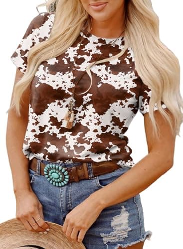 SHEWIN Womens Summer Tops Short Sleeve T-Shirts Western Graphic Cute Casual Printed Loose Crew Neck Cowgirl Tees Blouses 2026 Fashion Spring Clothes Size M, Brown