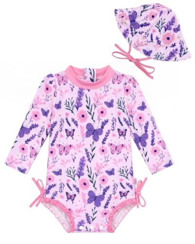 ALVABABY Girls' Long Sleeve Zipper One Piece Swimsuit with Hat, Girls' Rash Guard Sets,Bathing Suit for Outdoor Activities ST-EF02-3-4T