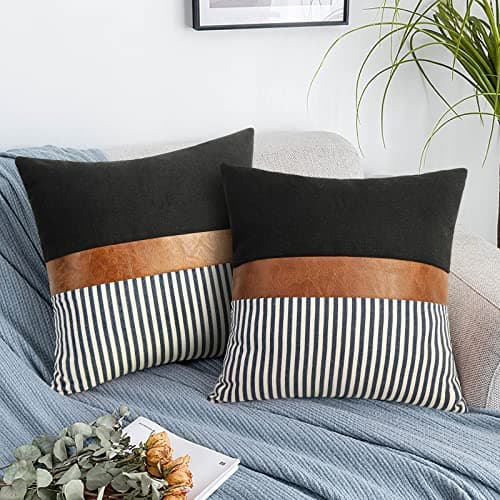 16x16 Pillow Covers Set of 2 Boho Rustic Farmhouse Decorative Striped and Black Linen Throw Pillow Covers Modern Brown Faux Leather Covers for Couch Sofa, Navy Striped