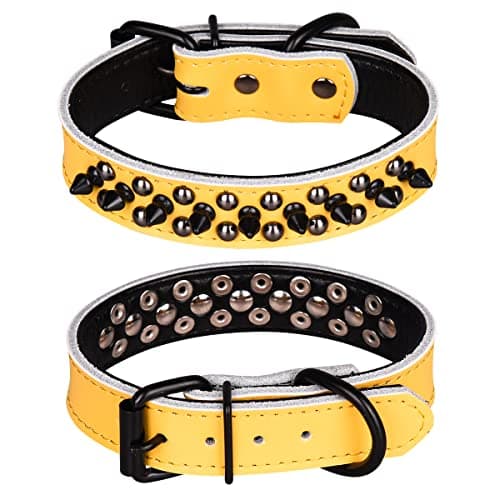 haoyueer Adjustable Genuine Leather Spiked Studded Dog Collars for Small Medium Large Pets Like Pit Bull Bulldog Pugs Husky (S, Yellow1)