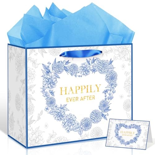 Wedding Gift Bag Blue Heart Floral Bridal Gift Bag with Wrapping Tissue Paper and Greeting Card Happily Ever After for Engagement Bride Celebration Party Decoration Supplies