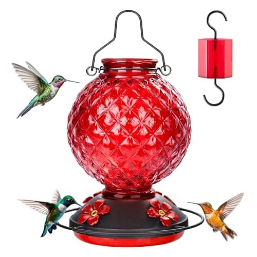 Tegarbed 25 OZ Glass Hummingbird Feeder for Outdoors, Leak Proof Hummingbird Feeder with Ant Moat, 4 Bee Resistant Feeding Ports, Easy Clean Wide Mouth Design, Hanging Nectar Feeder, Red