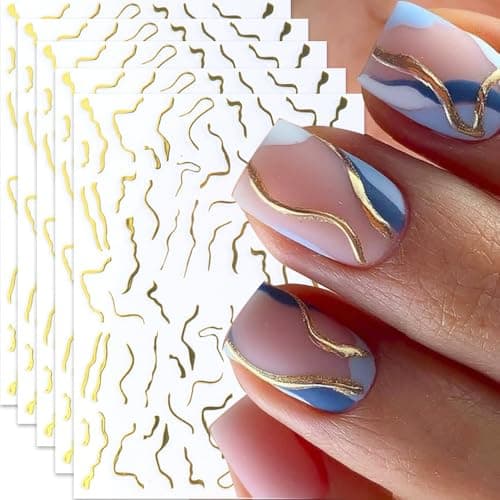5Pcs French Nail Stickers Gold Metal Nail Art Stickers Gold Foil Nail Decals DIY Self Adhesive Gold Lines Design Glitter Sticker Nail Decoration for Women Supplies Manicure Accessories