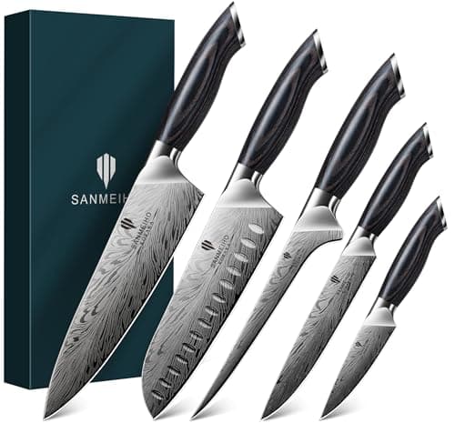 SANMEIHO 5PCS Knife Set, Kitchen Knife Sets in Powder Steel, Ultra Sharp Japanese Knives Set High Carbon Steel Chef Knives Sets, Cooking Knives Set with Ergonomic Pakkawood Handle