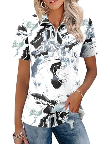 LOMON Golf Polo Shirt Women Collared Short Sleeve T Shirts Golf Outfits Athletic Tennis Sport Summer Tshirts (Black White Ink,Large)