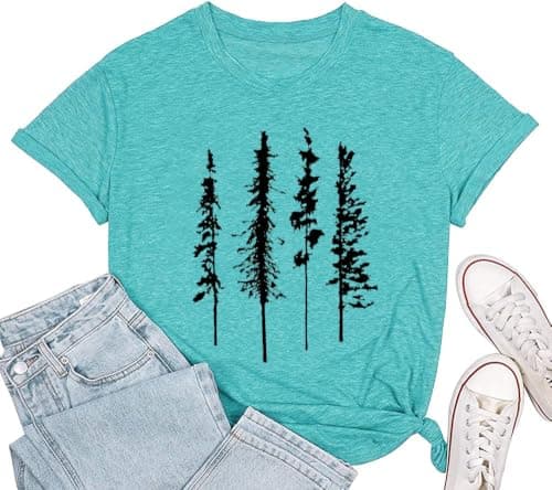 Funny Printed Casual Skinny Pine Tree Tee Tops, Mint Green S