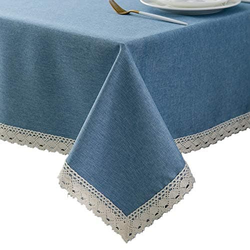 EHouseHome Faux Linen Tablecloth with Lace Trim - Waterproof/Spill Proof/Stain Resistant/Wrinkle Free/Oil Proof - for Banquet, Parties, Dinner,Wedding,Holiday,Water Blue Rectangle 60x84Inch