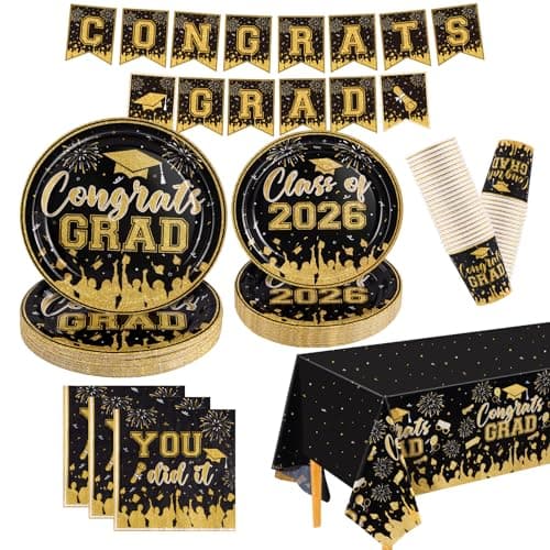 NatNarr Black and Gold Graduation Decorations 2026 Include Class Of 2026 Graduation Plates Napkins Cups Tablecloth Congrats Grad Banner for Middle College High School, 25 Guest
