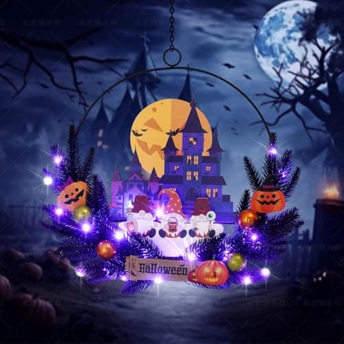 Pre-Lit Halloween Wreath for Front Door, Lighted Dwarf with 6H On/18H Off