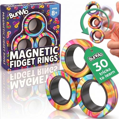 BUNMO Magnetic Fidget Rings 3pk – Cool Fidgets for Teens, Quiet Fidget Toys, Fidget Toys Adults, Maximum Strength 8 N50 Magnets, Learn Cool Tricks, Teen Gifts, Fidgets for Kids 8-12, Multicolored