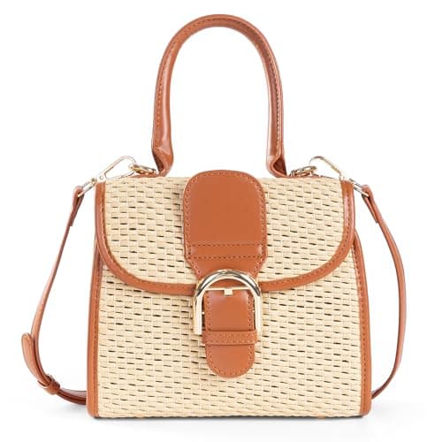 boshiho Retro Straw Woven Handbag Womens Small Cross Body Bag Shoulder Messenger Satchel, Beige-Brown Color (Small)
