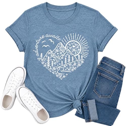 Women's Vintage Adventure Awaits Graphic Tee, Kindness Heart Mountain Nature Shirt for Hiking Travel Workout Tops