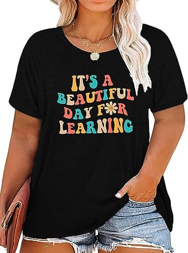 Plus Size Teacher Shirts Tops Women It's a Beautiful Day for Learning Tshirt Oversized Teach Tee Gift Black