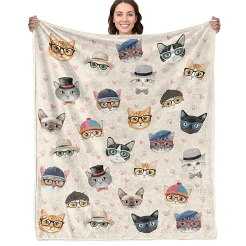 Cats Print Flannel Blanket - 50"x60" Ultra Soft Cozy Throw for Cat Lovers, for Cat Mom, Dad, Teens - Features Various Cute Cats Faces Pattern