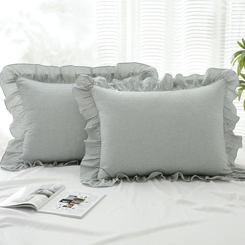 Jilboo Gingham Pillow Shams 20x26, Green White, Ruffle Trim, Set of 2