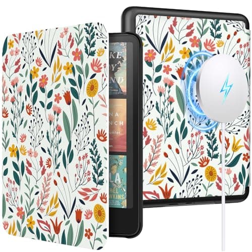 MoKo Magnetic Case for 7" Kindle Paperwhite Signature Edition(12th Generation-2024) and Kindle Colorsoft-Compatible with iphone Magsafe for Samsung/Anker Wireless Charging Pads,Auto Sleep Wake,Flowers