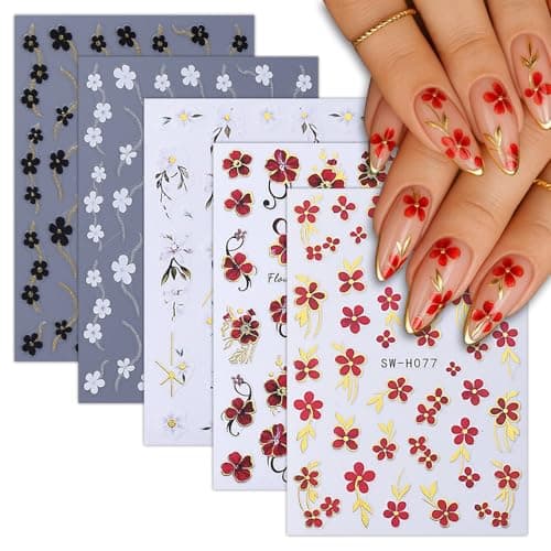 5 Sheets Flower Nail Art Stickers Decals 3D Self-Adhesive Black White Daisy with Glod Silver Glitter Line Nail Decals Red Camellia Nail Stickers Spring Manicure Decorations for Women