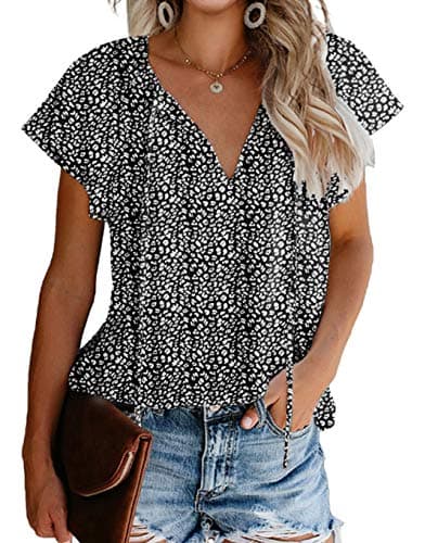 Mansy Women's Casual Floral Print V Neck Ruffle Short Sleeve Summer Shirts Tops Loose Blouses