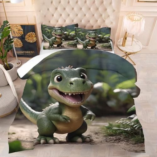 VTKON Cute Dinosaur Comforter Set Twin for Kids, Green Dinosaur Bedding Set for Boys Room Decor, Dino Bed Set with 1 Comforter Set and 1 Pillowcase