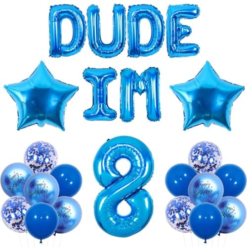 Wonmelody Happy 8th Birthday Decorations Blue Dude I'm 8 Balloon Banner Dude I'm 8 Birthday Decor Happy Dudes Bday Banner Level Eight Unlocked Bday Supplies for Eighth Year Old Boy Girl