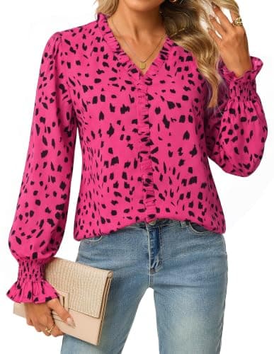 GRACE KARIN Womens Long Sleeve Boho Tops Ruffle Work Blouses Rose XL