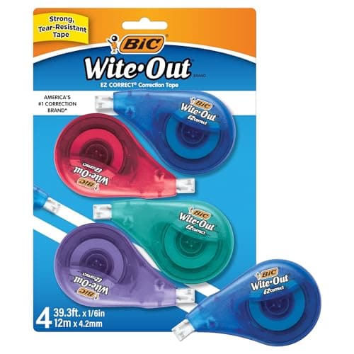 BIC Wite-Out Brand EZ Correct Correction Tape, 39.3 feet, 4-Count Pack of White Correction Tape, Fast, Clean and Easy to Use Tear-Resistant Tape Office or School Supplies