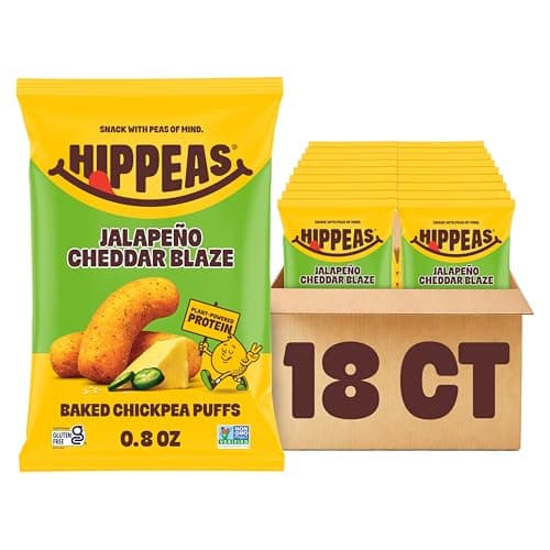 Hippeas Chickpea Puffs, Jalapeño Cheddar Blaze, 18 x 0.8 z, Baked Crunchy Chickpea Snacks with 3g Plant Protein, 2g Fiber & 50% Less Fat, Dairy & Gluten Free, Non-GMO, Top 9 Allergen Free