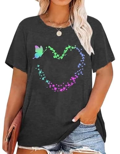 Plus Size Butterfly Shirt Women Summer Outfits Graphic Tee Cute Holiday Shirt Family Vacation Tops Gray