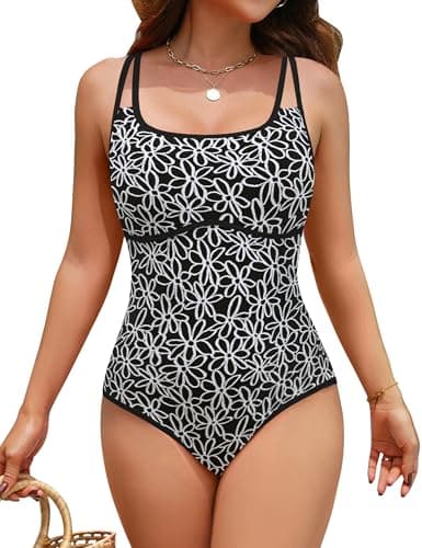 BMJL Womens One Piece Swimsuits Tummy Control Modest Built-in Bra Swimwear Floral Beach Bathing Suits(XL,Black)