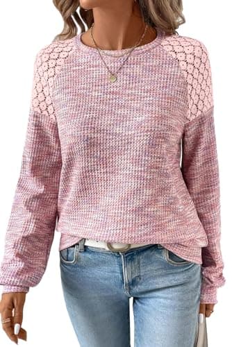 SHEWIN Womens Long Sleeve Tops Crew Neck Lace Raglan Shirts Business Casual Tunic Ladies Blouses Trendy 2026 Fall Fashion Outfits Clothes, Pink XL